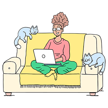 Leikekuvassa naisoletettu istuu sohvalla kannettavan tietokoneen ja kahden kissan kanssa.
